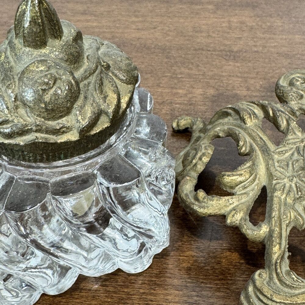 Antique Ornate Brass Double Inkwell Stand with Two Glass Ink Pots Victorian Era - Picture 10 of 11